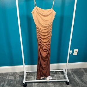 Commense Tan and Brown Ruched Maxi Dress